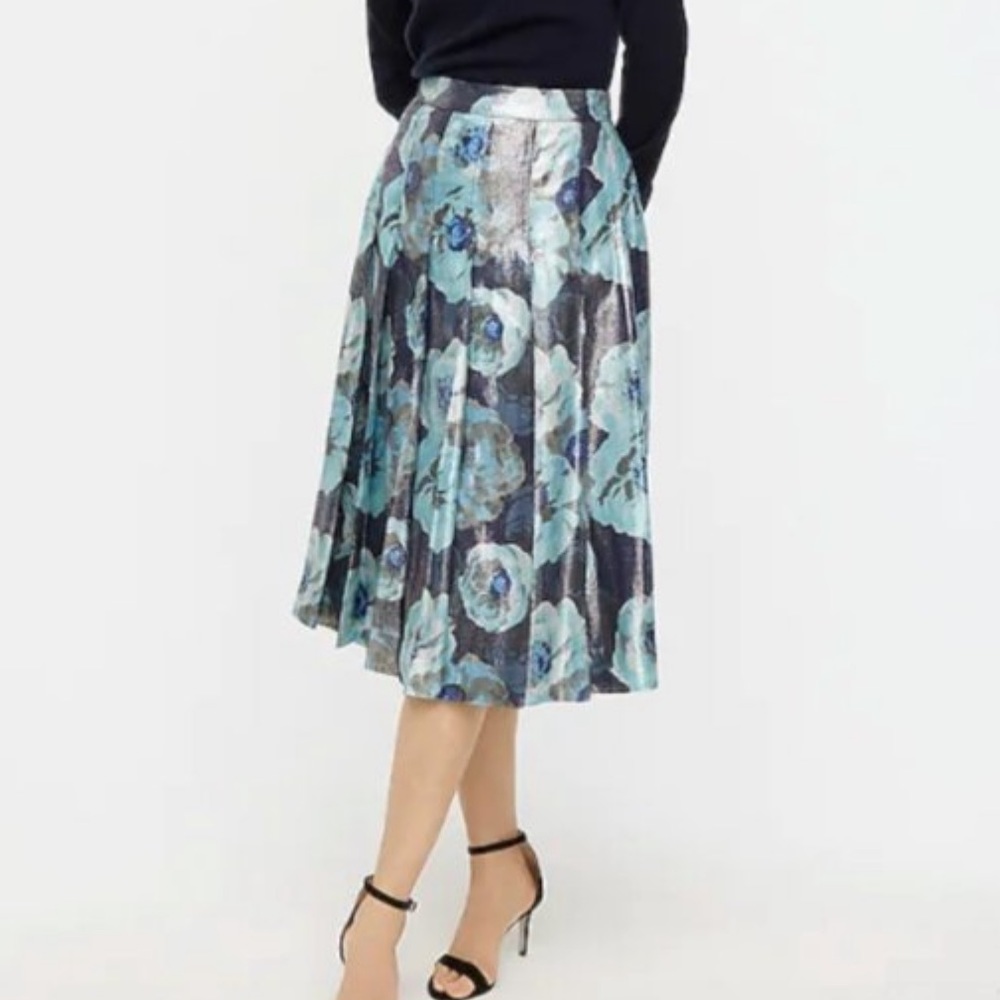 J. Crew Pleated Midi Metallic Floral Skirt